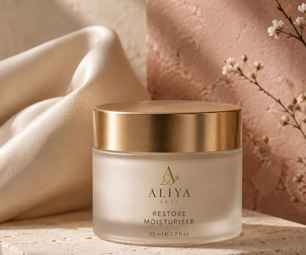 Aliya Restore Moisturiser on travertine and silk