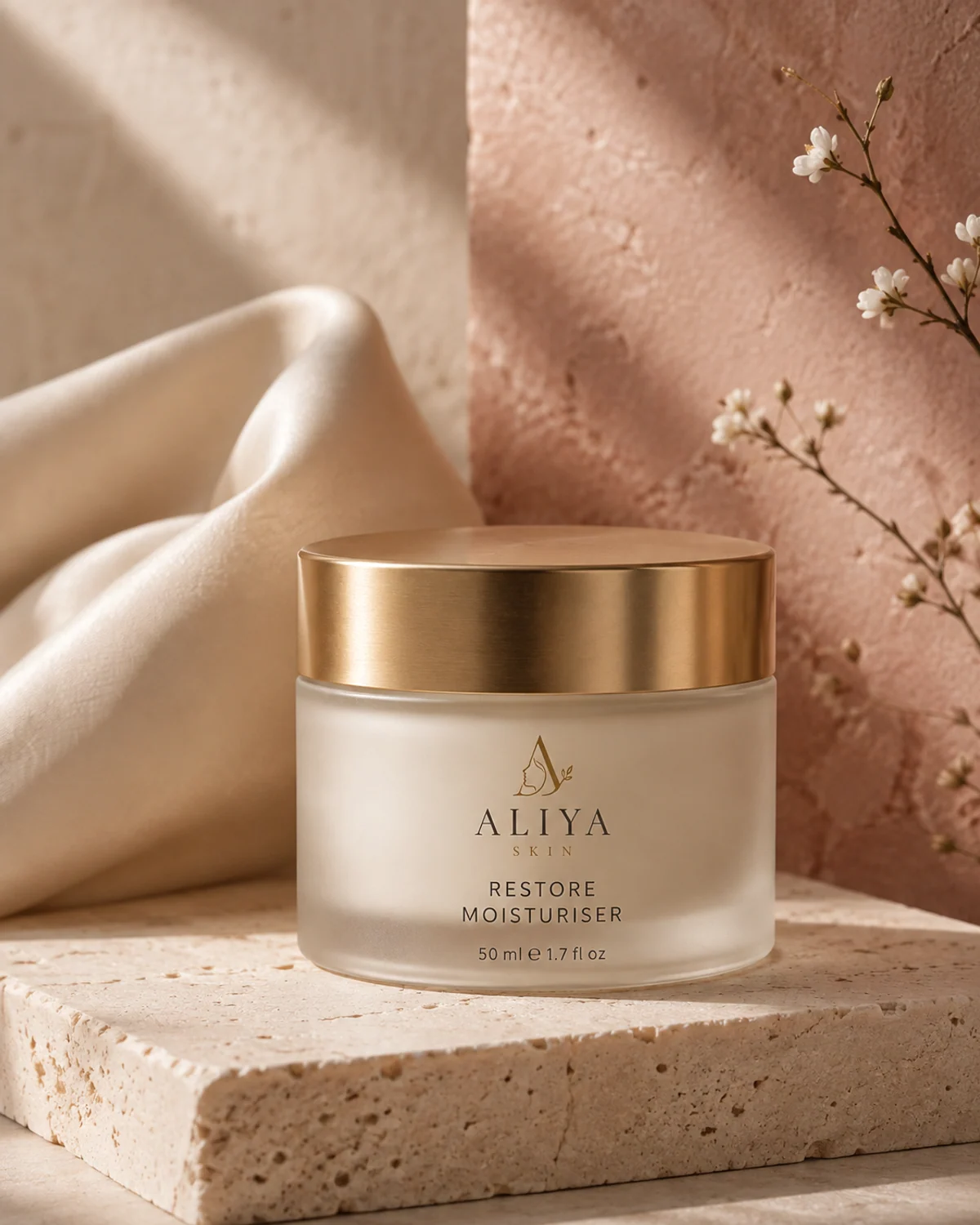 Restore Moisturiser in frosted glass Aliya Skin packaging