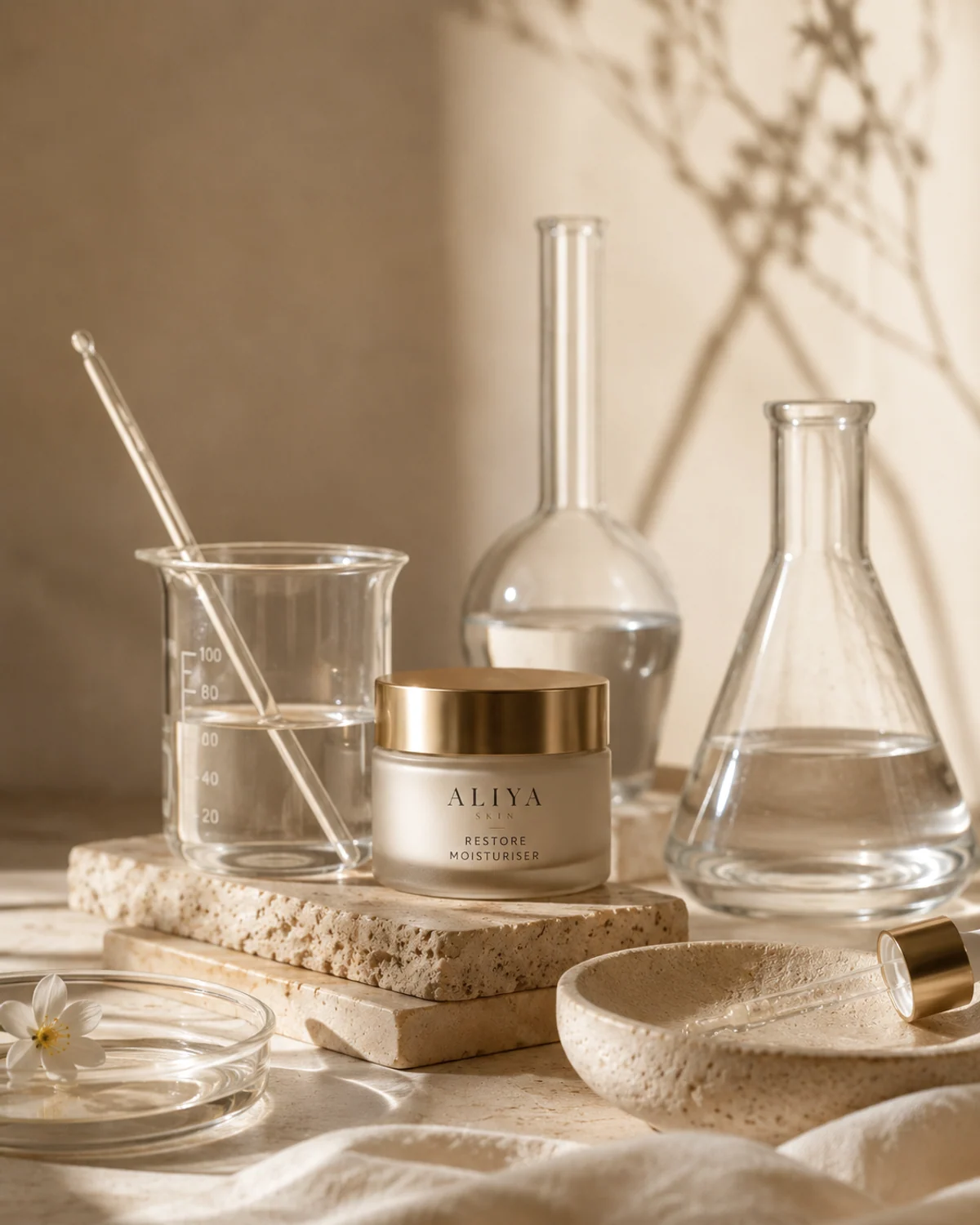 Formulation glassware, clear liquid and limestone in controlled natural light